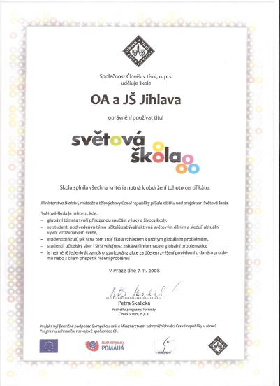 Obrázek certifikátu Světová škola
