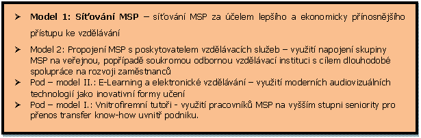 Textov pole: Ø	Model 1: Sovn MSP  sovn MSP za elem lepho a ekonomicky pnosnjho pstupu ke vzdlvn
Ø	Model 2: Propojen MSP s poskytovatelem vzdlvacch slueb  vyuit napojen skupiny MSP na veejnou, poppad soukromou odbornou vzdlvac instituci s clem dlouhodob spoluprce na rozvoji zamstnanc
Ø	Pod  model II.: E-Learning a elektronick vzdlvn  vyuit modernch audiovizulnch technologi jako inovativn formy uen
Ø	Pod  model I.: Vnitrofiremn tutoi - vyuit pracovnk MSP na vym stupni seniority pro penos transfer know-how uvnit podniku.

