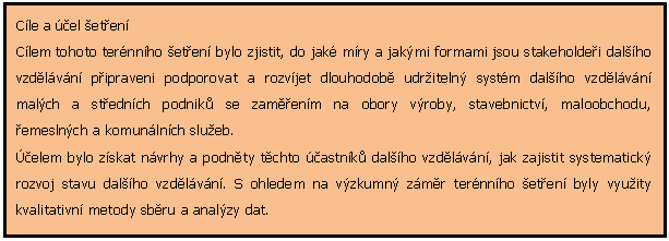 Textov pole: Cle a el eten
Clem tohoto ternnho eten bylo zjistit, do jak mry a jakmi formami jsou stakeholdei dalho vzdlvn pipraveni podporovat a rozvjet dlouhodob udriteln systm dalho vzdlvn malch a stednch podnik se zamenm na obory vroby, stavebnictv, maloobchodu, emeslnch a komunlnch slueb.
elem bylo zskat nvrhy a podnty tchto astnk dalho vzdlvn, jak zajistit systematick rozvoj stavu dalho vzdlvn. S ohledem na vzkumn zmr ternnho eten byly vyuity kvalitativn metody sbru a analzy dat. 
