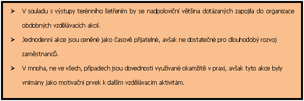 Textov pole: Ø	V souladu s vstupy ternnho etenm by se nadpolovin vtina dotzanch zapojila do organizace obdobnch vzdlvacch akci.
Ø	Jednodenn akce jsou cenn jako asov pijateln, avak ne dostaten pro dlouhodob rozvoj zamstnanc. 
Ø	V mnoha, ne ve vech, ppadech jsou dovednosti vyuvan okamit v praxi, avak tyto akce byly vnmny jako motivan prvek k dalm vzdlvacm aktivitm. 

